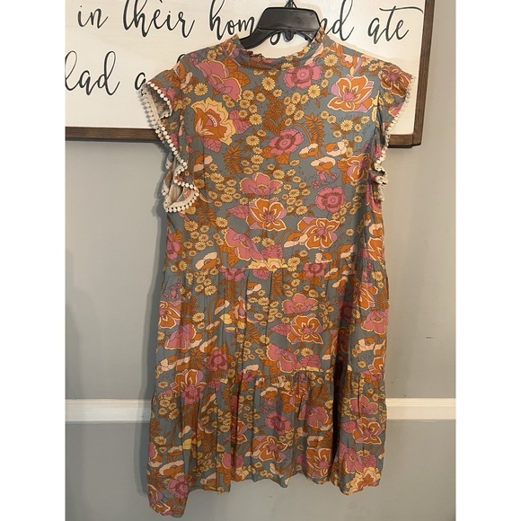 THML‎ Tiered Fall Floral Orange Pink Ruffle BoHo Tiered Flutter Sleeves Size XL - Picture 6 of 6